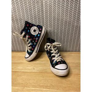 Converse Chuck Taylor Black High Tops with multicolored hearts